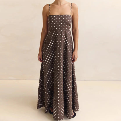 Women's Summer Slip Dress Polka Dot Print Sleeveless Spaghetti Strap Backless Long A Line Dress with Pockets Beachwear