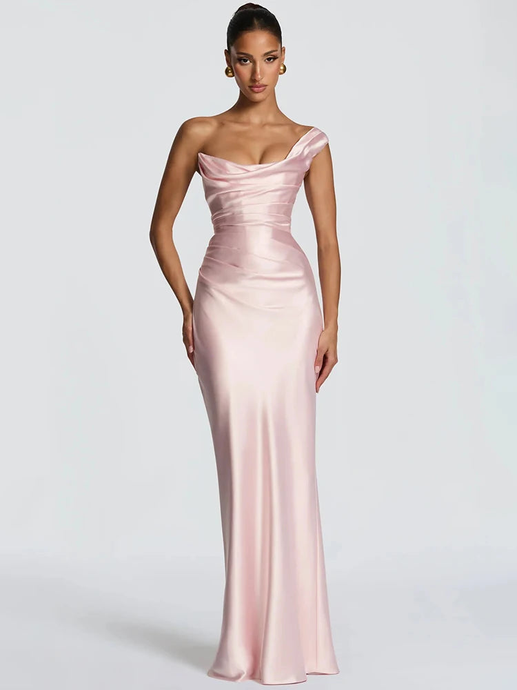 Elegant Satin One Shoulder Evening Dress Women Cowl Neck Sleeveless Bodycon Maxi Dress 2026 Spring Summer Party Gowns