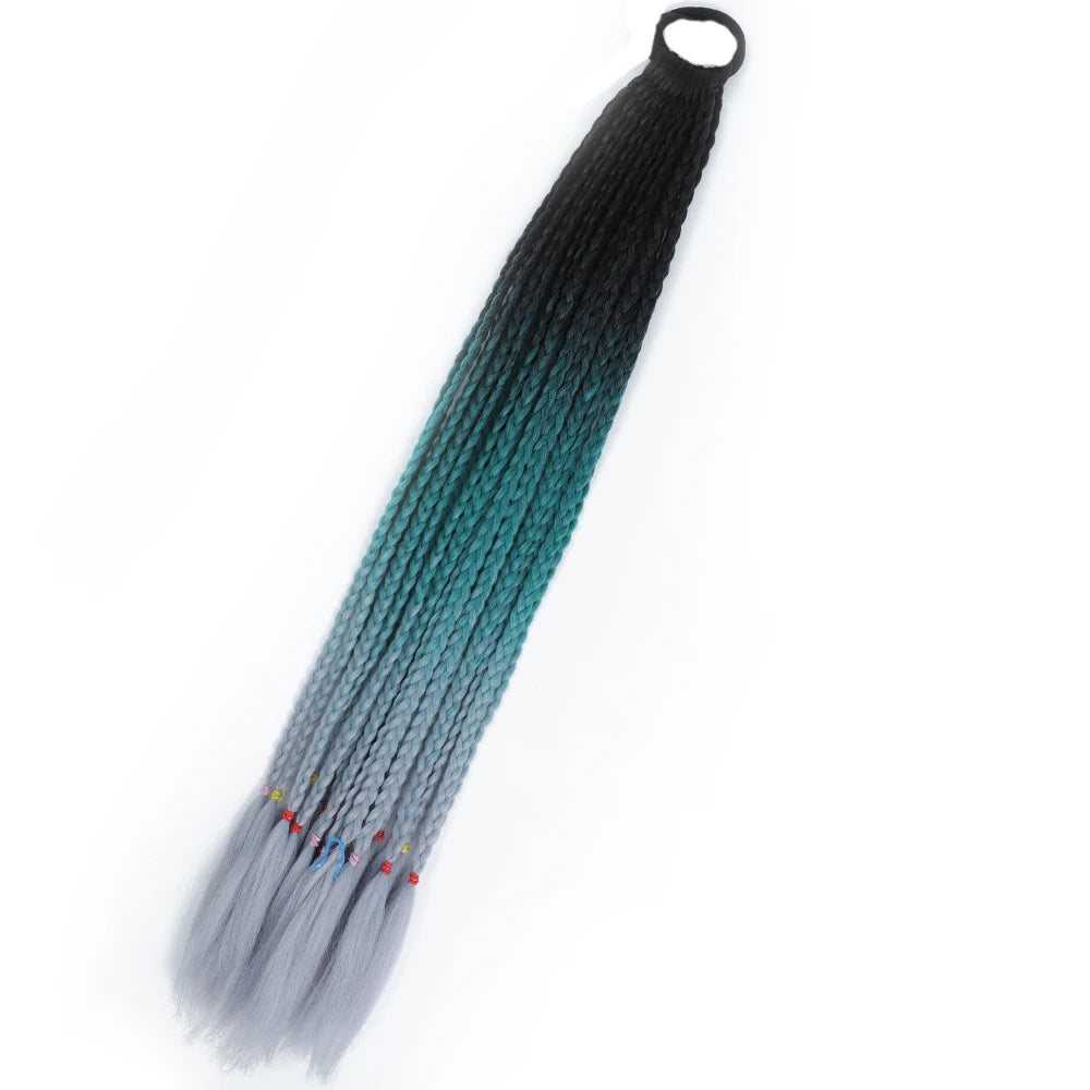 Synthetic 24inch Girls Colored Box Braided Ponytail With Elastic Rubber Band Hair Extensions Rainbow Color Box Pigtail Hairpiece