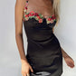 Women's Sexy Satin Party Club Dress 3D Flower Spaghetti Strap Low Cut Backless Mini Dress Slip Floral Trim Cami Dress