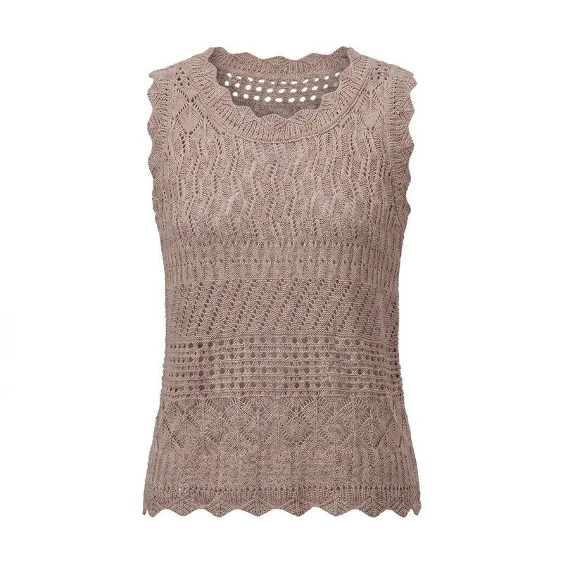 Women Hollow Out Knit Tank Top Sleeveless Scallop Trim Crochet Blouse Casual Summer Beach Aesthetic Streetwear Daily Top