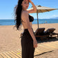 Beach Party 2-Piece Set Women Low-Neck Backless Bra+Metal Decoration High Side Slit Folds Skirt Sexy Summer Suit