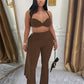 Ruched 2 Piece Set Women Sexy Halter Backless Bra+Metal Casp Ribbon Flared Pants Matching Party Club Stretch Outfits