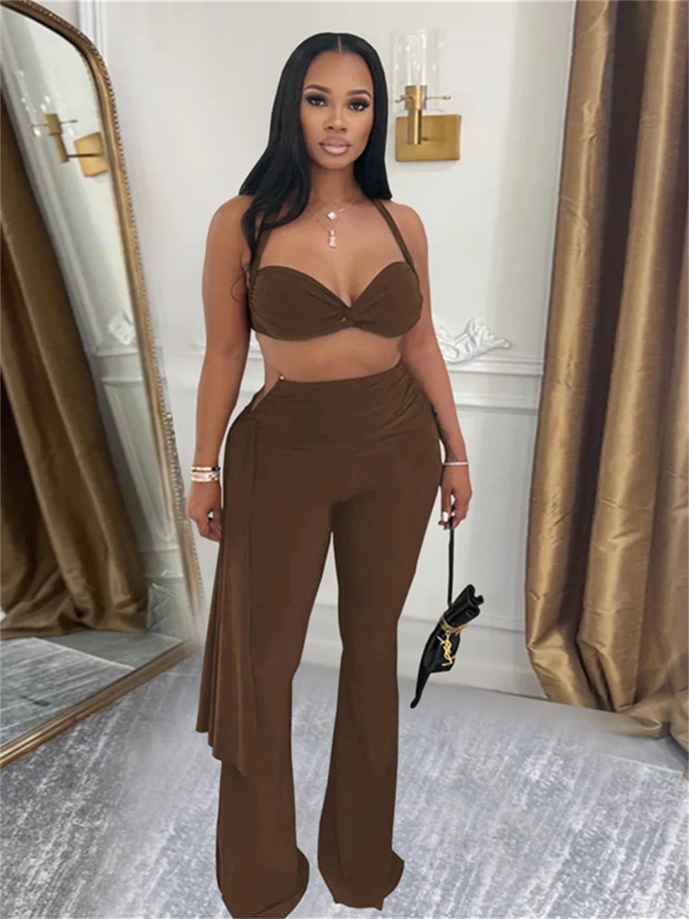 Ruched 2 Piece Set Women Sexy Halter Backless Bra+Metal Casp Ribbon Flared Pants Matching Party Club Stretch Outfits