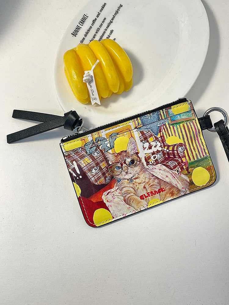 Cute Cat Print Card Holder, Mini Zipper Coin Purse with Lanyard, Casual Small Wallet for Women