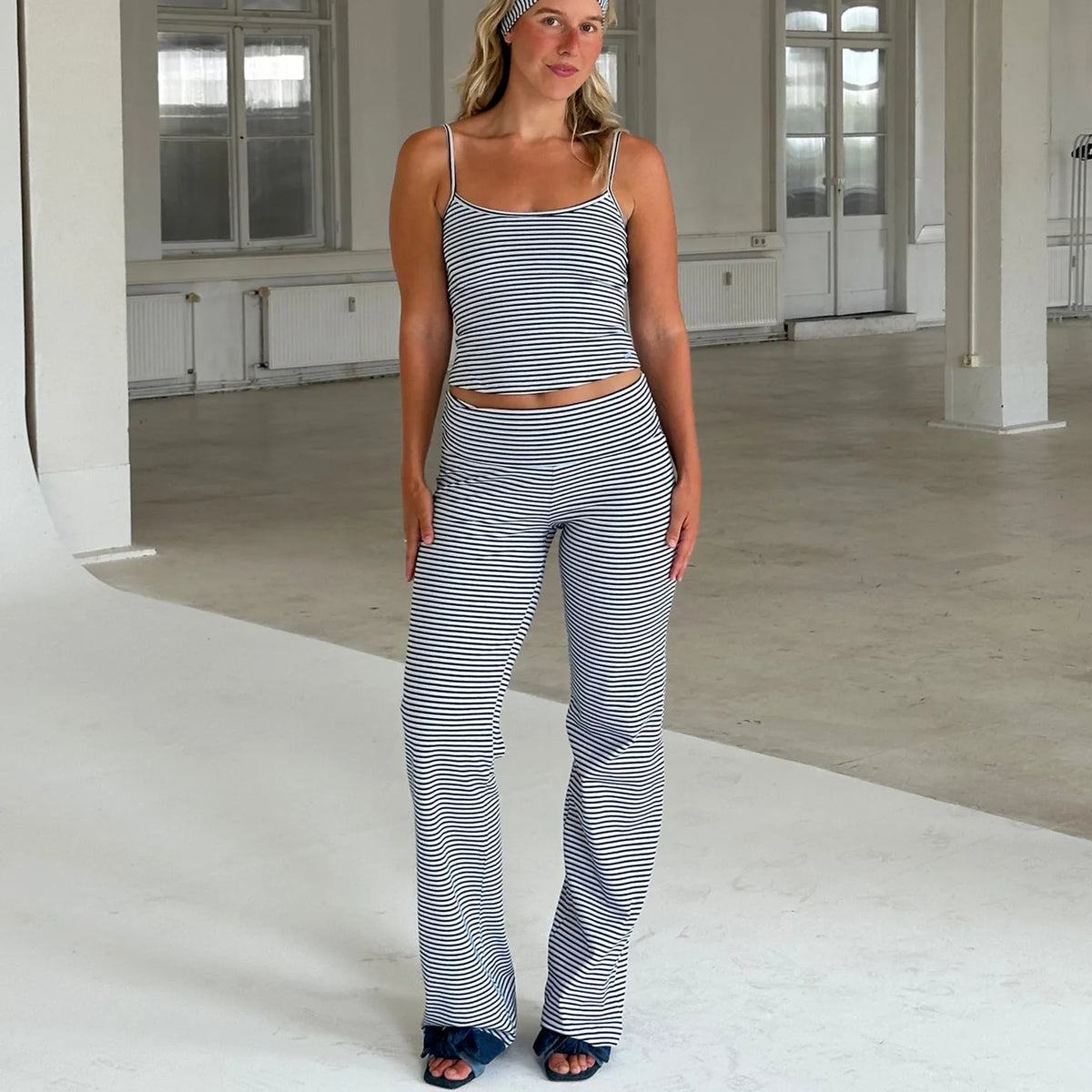 Women Summer Y2K Coquette Striped Tracksuit Yoga Sets Sleeveless Backless Crop Tops Tanks+Fold Over Trousers Sweatpants