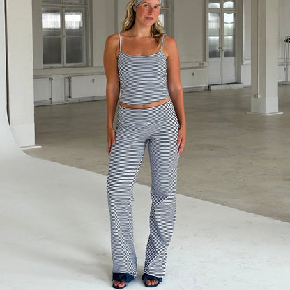 Women Summer Y2K Coquette Striped Tracksuit Yoga Sets Sleeveless Backless Crop Tops Tanks+Fold Over Trousers Sweatpants
