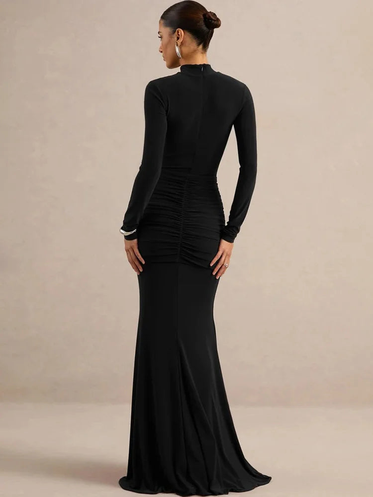 High Neck Long Sleeve Mermaid Maxi Dress Women Slim Ruched Waist Bodycon Floor Length Evening Party Formal Dress
