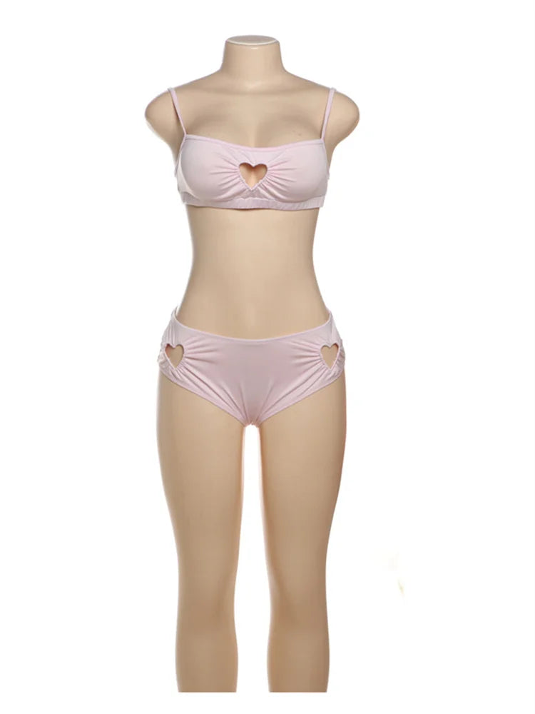 Heart Hollow 2 Piece Set Women Simple Vacation Camisole+Panties Beach Style Matching Stretch Street Comfortable Suit