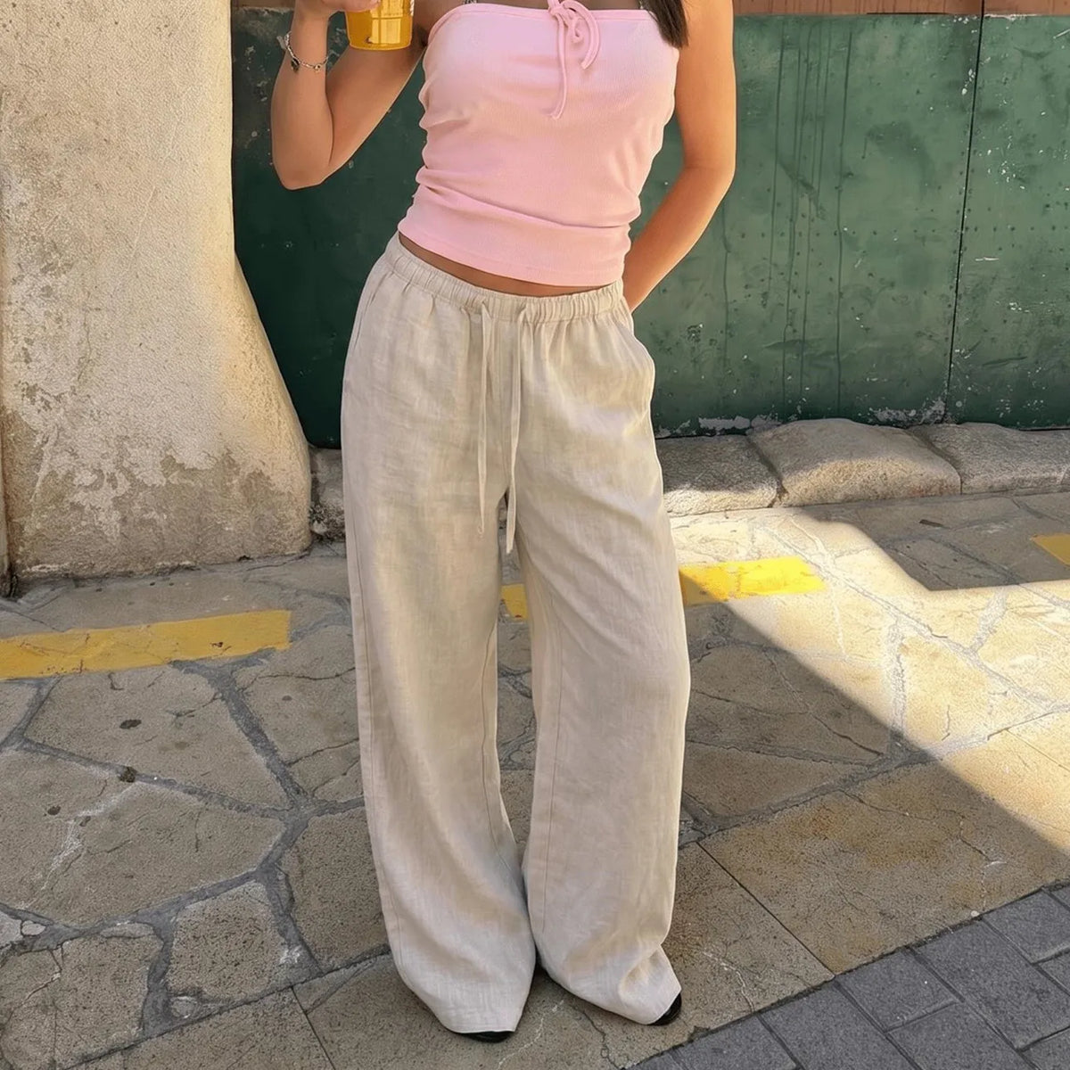 Women Summer Linen Wide Leg Pants Elastic Drawstring Waist Loose Flowy Trouser With Pockets Beach Vacation Palazzo Pants