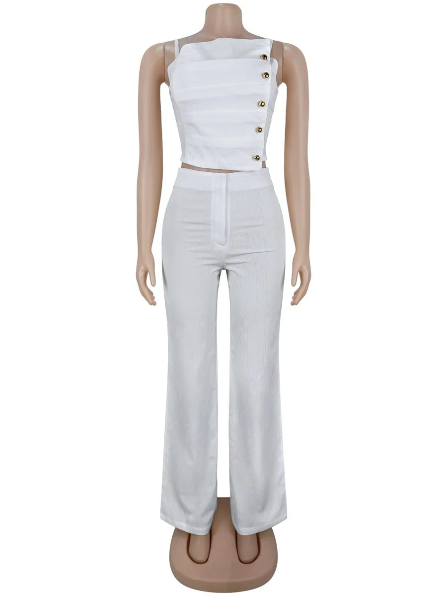 Fashion 2 Piece Set Women Trend Button Patchwork Ruched Square Collar Camisole+Wide-Leg Pants Simple Party Streetwear