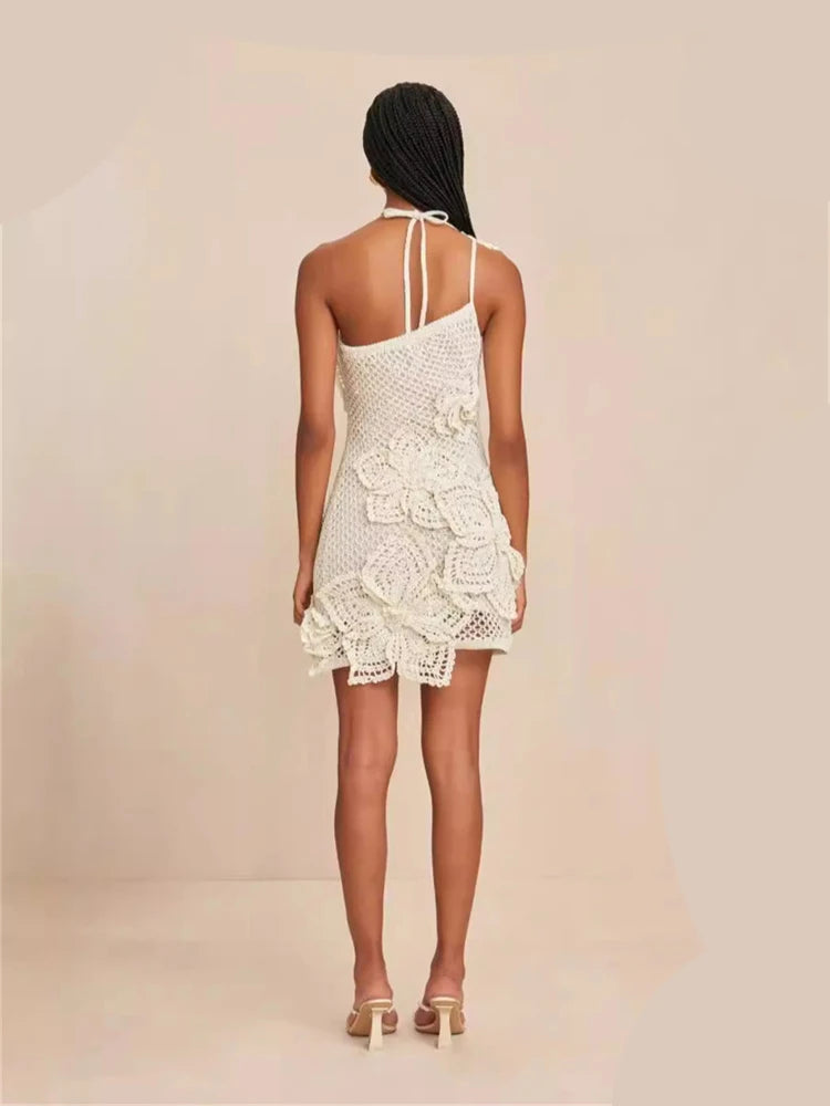 Elegant Crochet Dress Women Summer Halterneck Diagonal Collar Backless Lace-Up Flower Embroidery Sexy Trend Bodycon