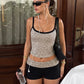 Leopard Print 2-Piece Set Women Low-Neck Backless Camisole+Patchwork Elastic Waist Short Street Classic Daily Suit