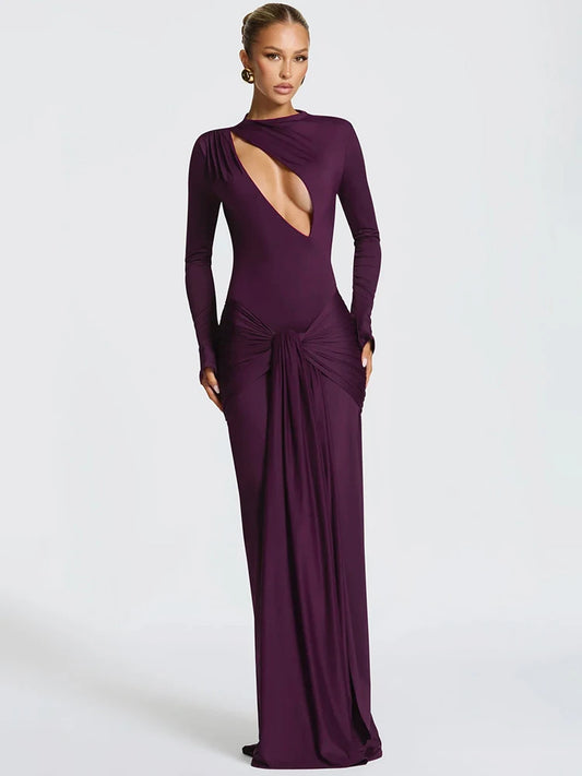 Hollow Out Long Sleeve Sexy Maxi Dress Women Gown Elegant O Neck Draped Ruched Bodycon Club Party Long Dress Fashion
