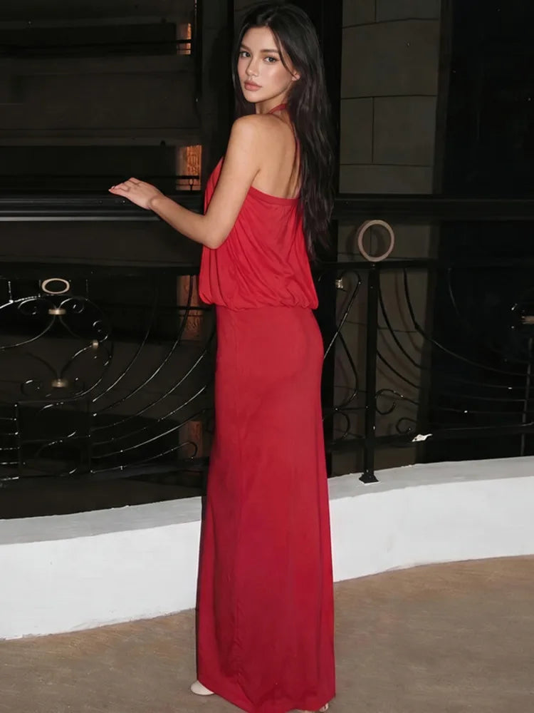 Women Halter Neck O‑Ring Keyhole Sexy Maxi Dress Sleeveless Blouson Bodycon Floor‑Length Evening Party Long Gown