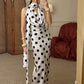 Elegant Polka Dot Print 2 Piece Set Women Sexy Halter Backless Swing Collar Bandages Tank Top+Skirt Chic Party Suits