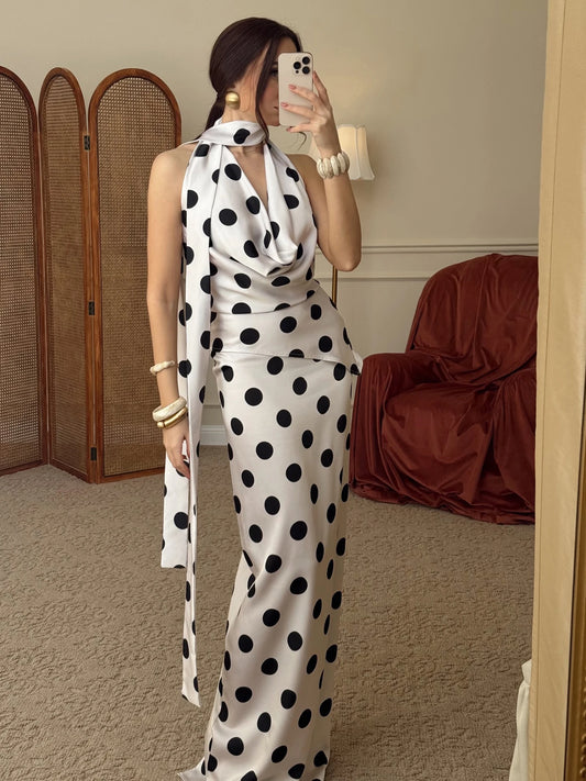 Elegant Polka Dot Print 2 Piece Set Women Sexy Halter Backless Swing Collar Bandages Tank Top+Skirt Chic Party Suits