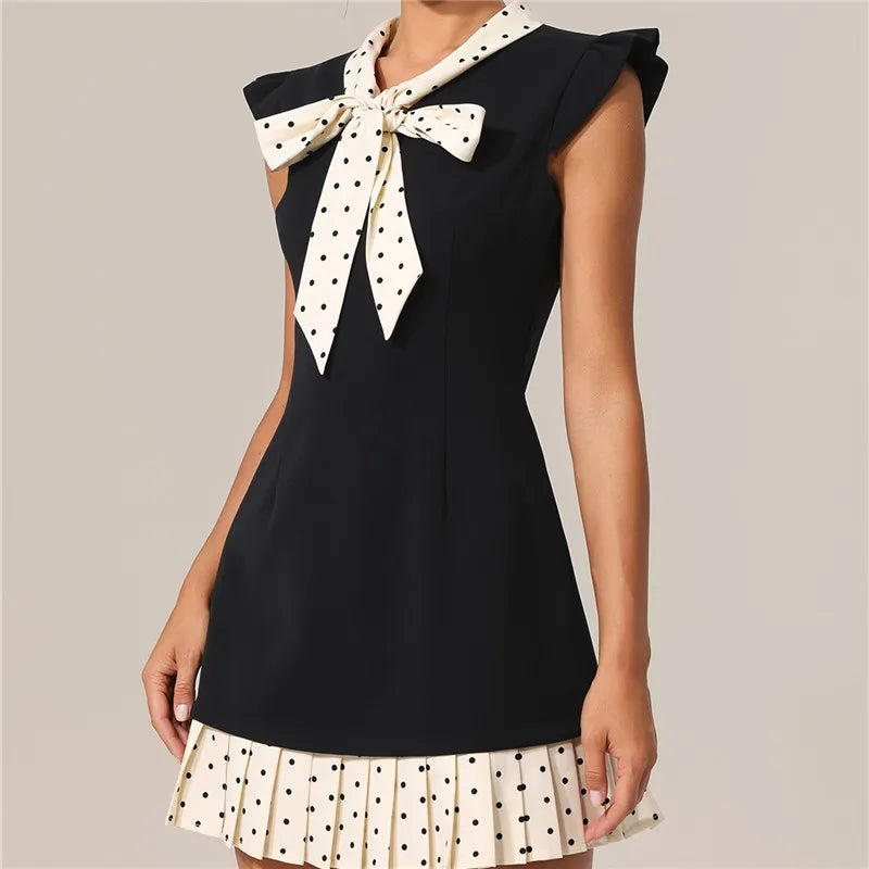 Women's Y2K Dots Print Patchwork Mini Dress Summer Fashion Flying Sleeve Bow Tie Neck Pleated Hem Short Dress