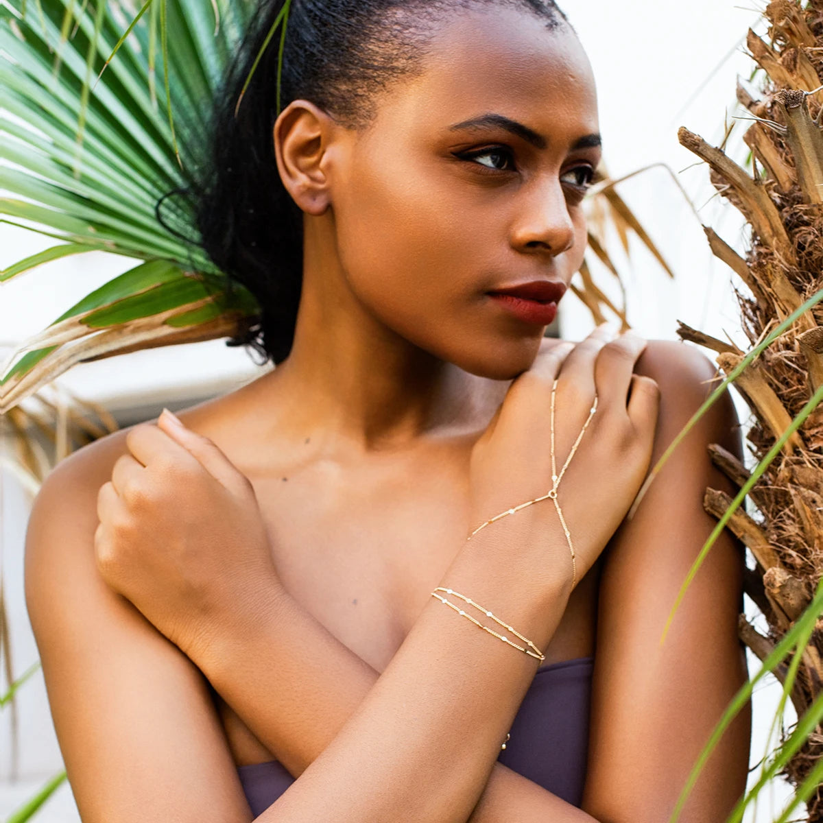 Multilayer Vintage Connected Finger Ring Bracelets for Women Simple Ball Beads Link Chains Hand Harness Bangles Party Jewelry