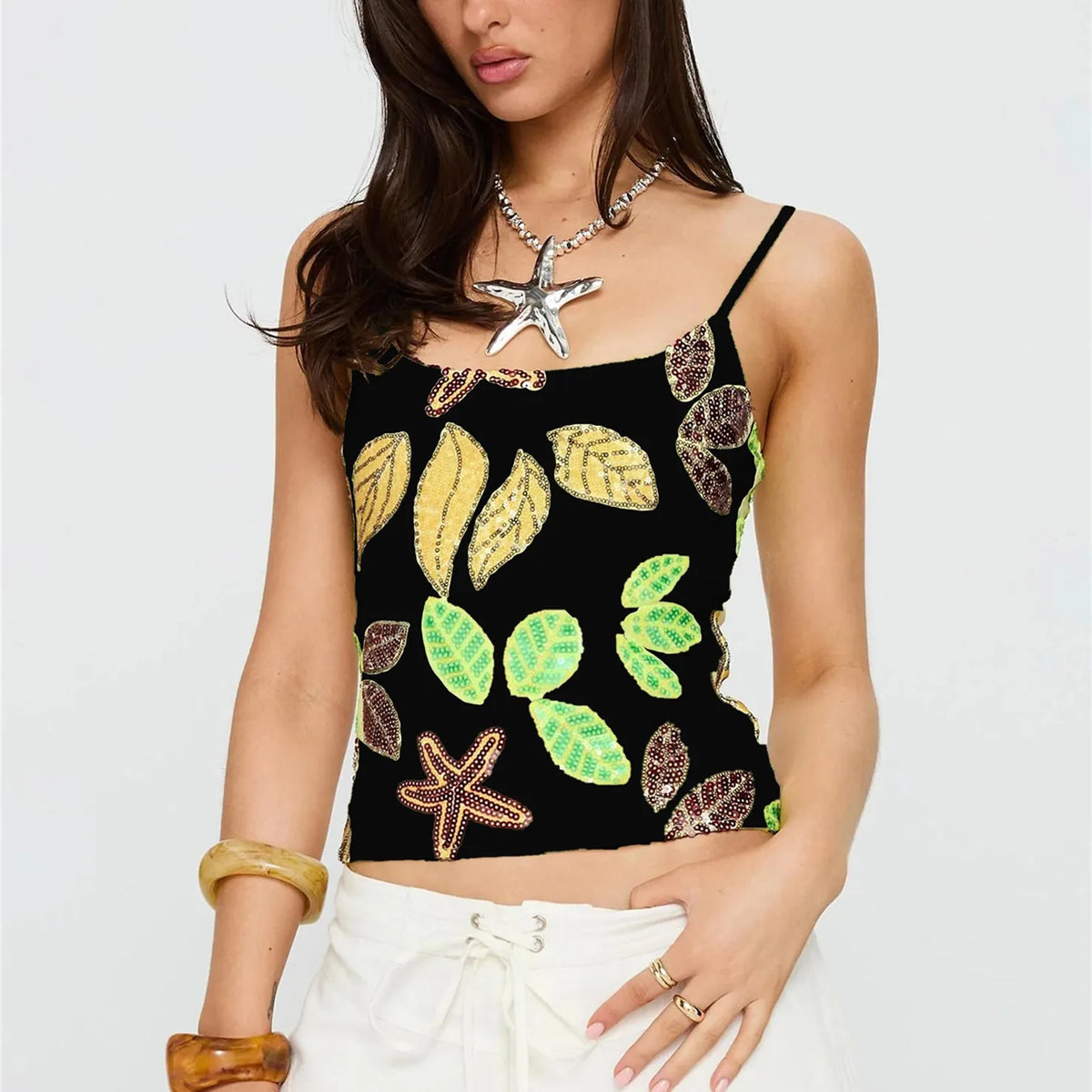 Y2K Tropical Starfish Leaf Sequin Cami Top Women Yellow Black Spaghetti Strap Slim Fit Camisole Beach Vacation Outfit