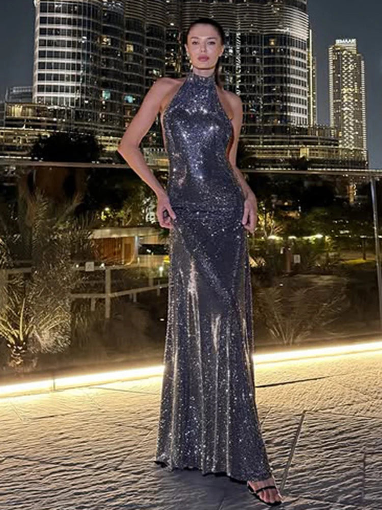 Halter Off Shoulder Long Dresses Woman Shiny Elegant Backless Robe Gown Midnight Cocktail Party Hipster Skinny Vestidos