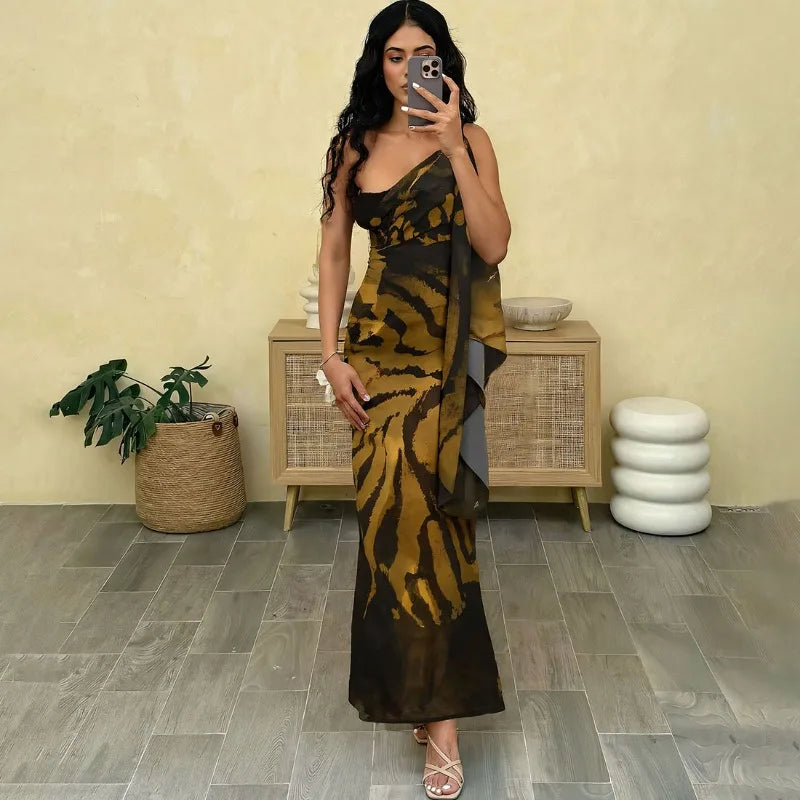 Retro Print Mesh Sheer Sexy One Shoulder Backless Split Long Dresses European Style Clothes Woman Resort Wear