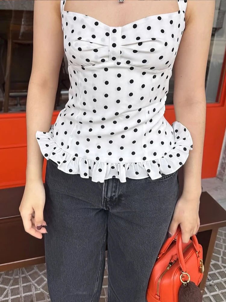 Polka Dot Print Top Women Halter Low-Neck Bandage Ruffles Backless Sleeveless Skinny Summer Trend Street Basic Vest