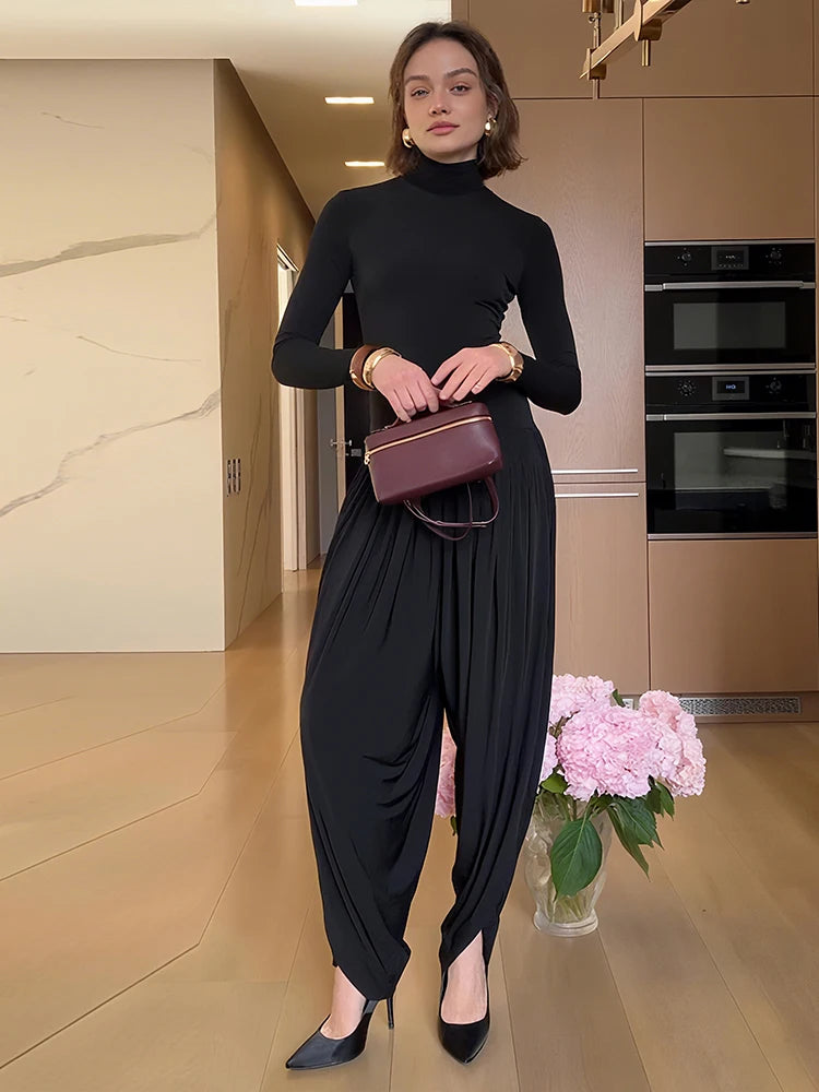 Casual Office Jumpsuit Woman Ruched y2k Trend Turtleneck Full Sleeve Streetwear Simple Basic Elegant Fall Overalls