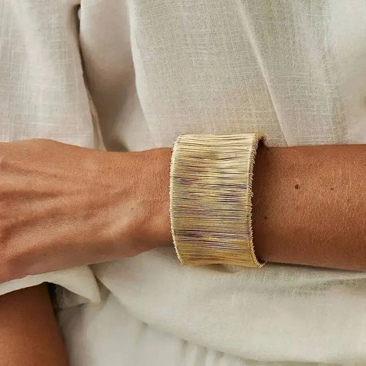 Vintage Creative Metal Stripe Silk Opening Bangles Women HipHop Punk Wide Cuff Gold Color Geometric Bracelet Jewelry