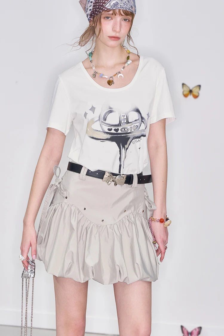2025 Spring New Arrivals Y2K White Heart Printed Short Sleeve T-Shirt Women's Loose Casual Versatile Top