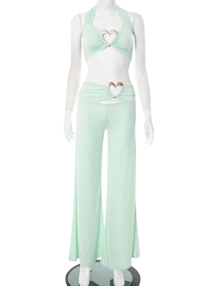 Heart Metal Patchwork 2 Piece Set Women Lace-Up Halter Low-Neck Crop Tops+Solid Wide-leg Pants Simple Casual Outfits