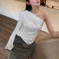 Slanted Shoulders t-Shirt Women One-Sided Flare Sleeve Folds Solid Skinny Simple Classic Street Leisure Chic Outfit