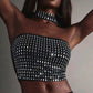 Rhinestone Applique Tank Tops Women Hottie Chic Halter Backless Patchwork Stretch Coquette Midnight Party Clubwear