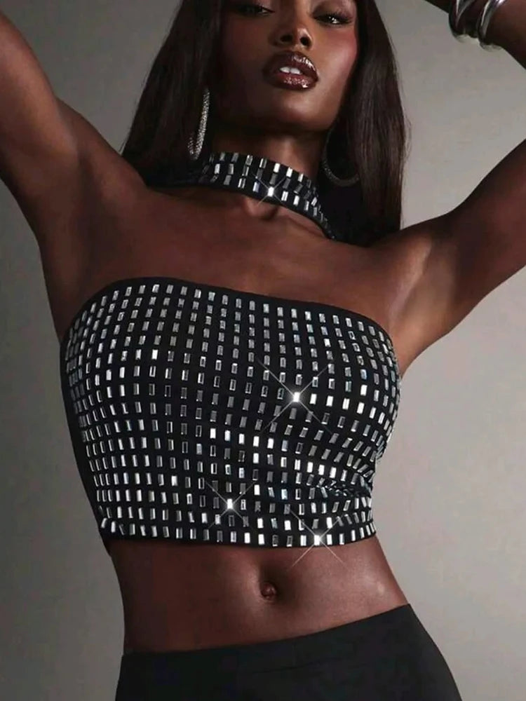 Rhinestone Applique Tank Tops Women Hottie Chic Halter Backless Patchwork Stretch Coquette Midnight Party Clubwear