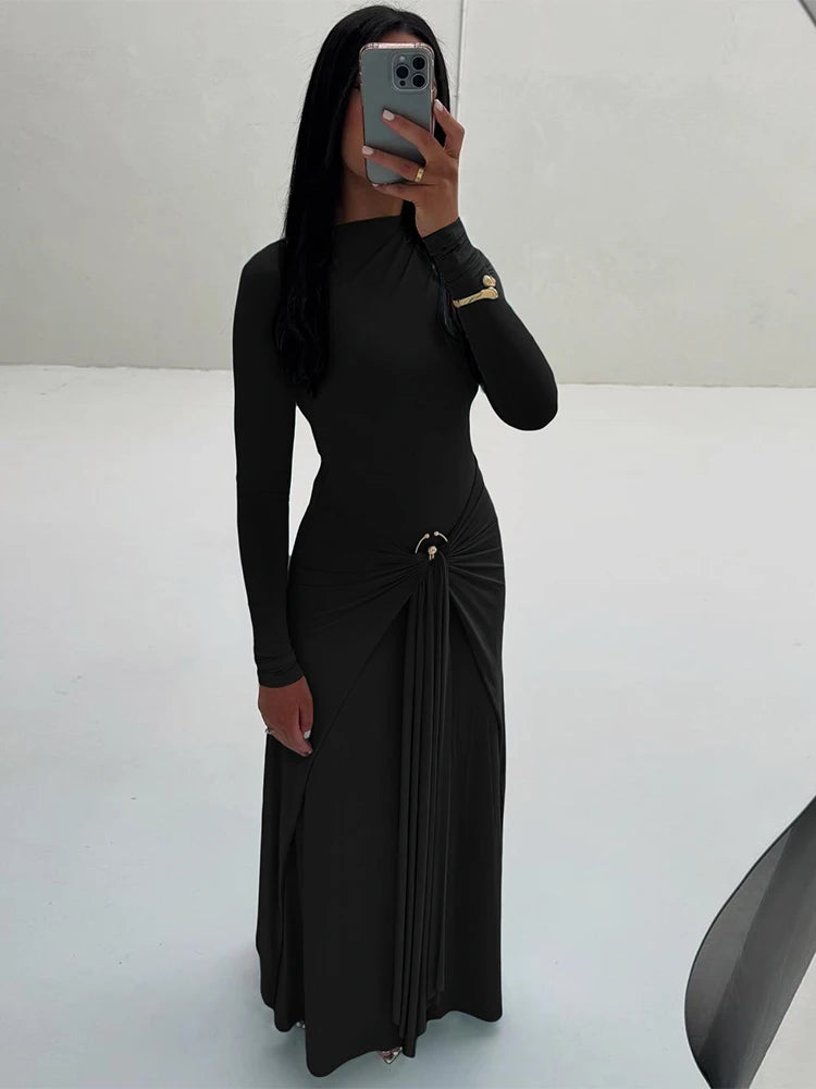 Ruched Elegant Maxi Dress Women Daily Casual Fashion Skinny Full Sleeve Solid Gown Midnight Prom Party Long Bodycon