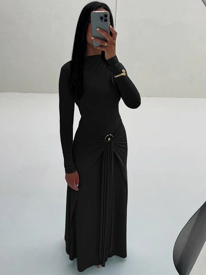 Ruched Elegant Maxi Dress Women Daily Casual Fashion Skinny Full Sleeve Solid Gown Midnight Prom Party Long Bodycon