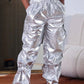 Bright Silk Women Cargo Pants Pockets Pleated Elastic Waist Baggy Bottoms 90s Fashion Causal Hip Hop Y2K Streetwear