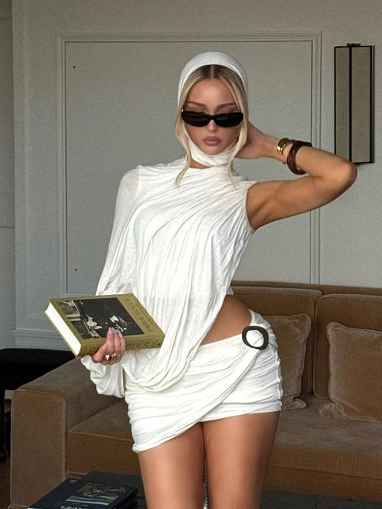 Fashion 3Piece Set Woman Solid Hooded Scarf+One Shoulder Irregular Top+Metal Ring Wrap Hip Mini Skirt High Street Outfits