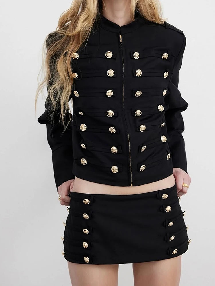 Buckle Decoration 2-Piece Set Women Zipper o-Neck Full Sleeve Crop Tops+Elastic Waist Mini Skirt Autumn Street Suit