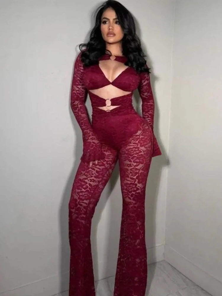 See Through Jumpsuits Woman Metal Rings Patchwork Hollow Design Sexy Full Sleeve Midnight Club Party Wild Style Overalls