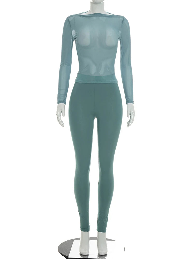 Sexy 2-Piece Set Women See Through Full Sleeve o-Neck Crop Tops+Elastic Waist Skinny Pants Midnight Wild Streetwear