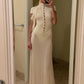Bead Single-Breasted Dress Women Elegant Turtleneck Short Sleeve See Through Hem Basic Fashion Evening Party Vestidos