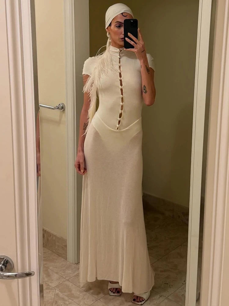 Bead Single-Breasted Dress Women Elegant Turtleneck Short Sleeve See Through Hem Basic Fashion Evening Party Vestidos