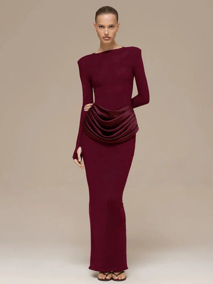 Draped Long Sleeve Slit Maxi Dresses for Woman Party Evening Elegant Dress Brown Burgundy