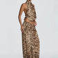 Leopard Print 2 Piece Set Women Hottie Wild Halter Backless Bandages Tank Top+Wide-Leg Pants Fashion Street Suits