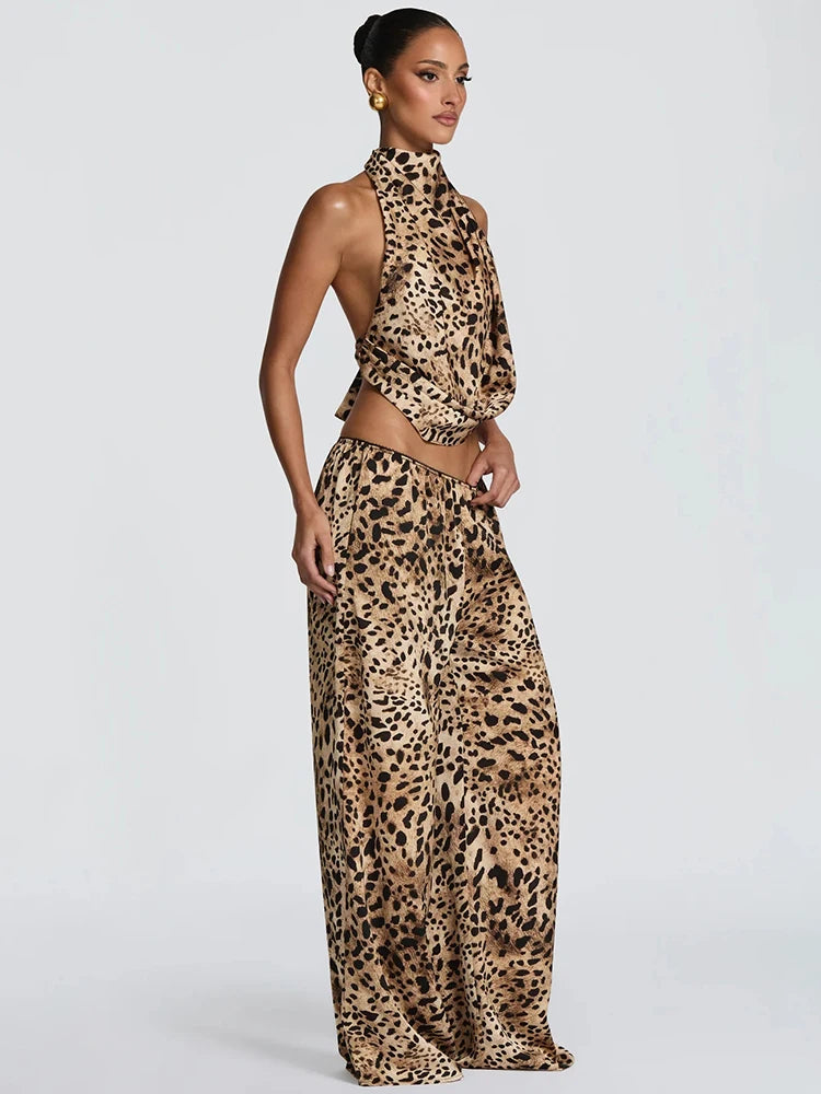 Leopard Print 2 Piece Set Women Hottie Wild Halter Backless Bandages Tank Top+Wide-Leg Pants Fashion Street Suits