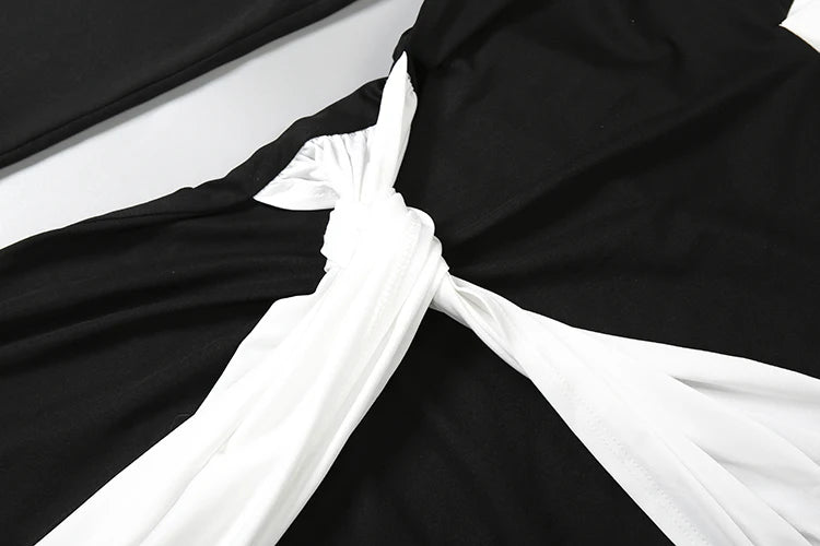 Patchwork V-Neck Dress Women Chic Full Sleeve Ribbon Knot Side Split Stretch Basic Streetwear Elegant Casual Bodycon