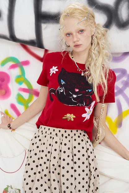 Women's Casual Short Sleeve T-Shirt with Cat Floral Graphic, Playful Red Tee for Summer, Cute Crop Top for Everyday