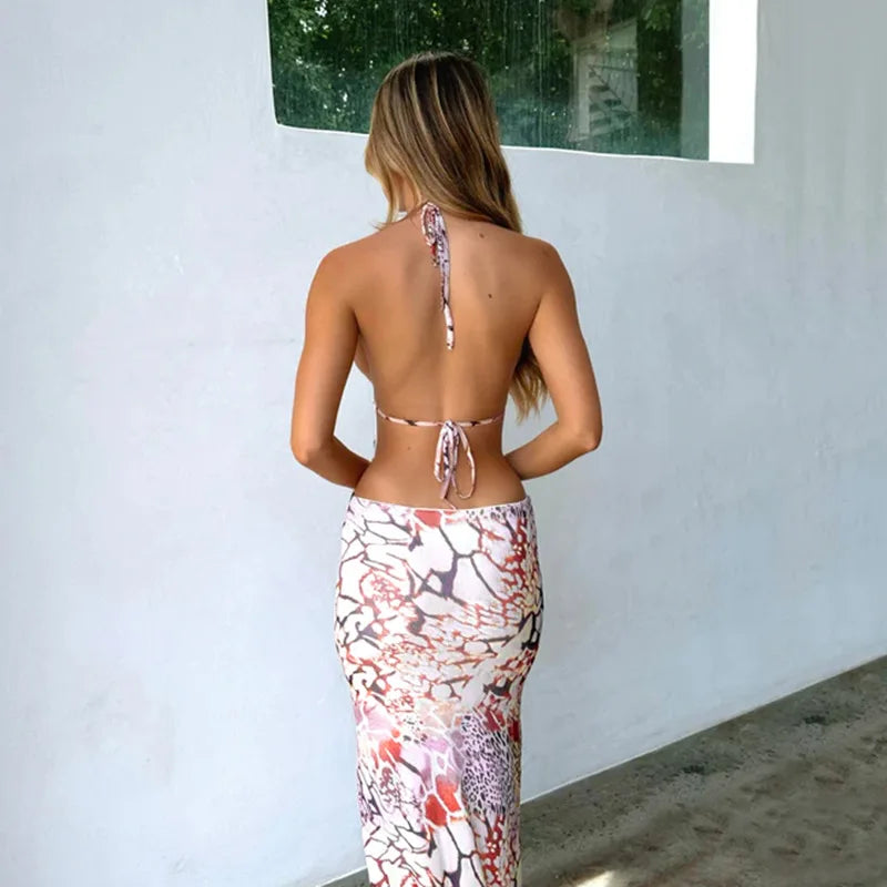 Deep V Backless Long Dresses Abstract Printed Going Out Dress Sexy Vacation Outfits Summer Clothes Women 2024