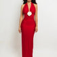 Women Halter V Neck Sexy Maxi Dress 3D Floral Decor Ruched Sleeveless Backless Split Long Bodycon Evening Party Dress